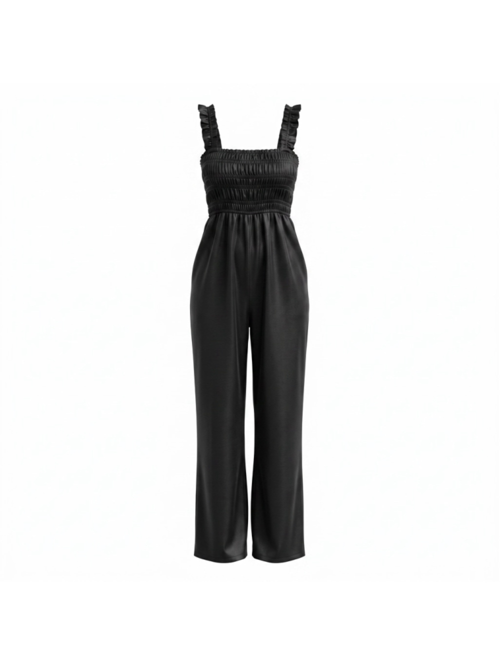GANNI Crinkled Satin Ruffle Wide Leg Jumpsuit Black Size 40 US 8